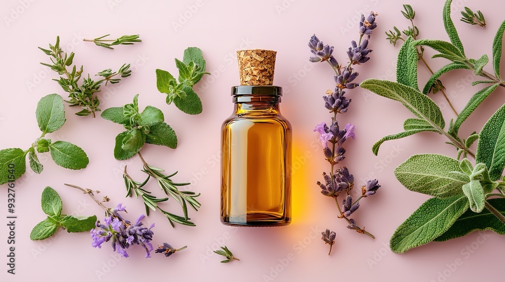 A bottle of essential oil with herbs on a white to pink background