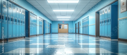 Bright and Clean School Hallway with Blue Lockers and Tiled Floor in Modern Educational Facility