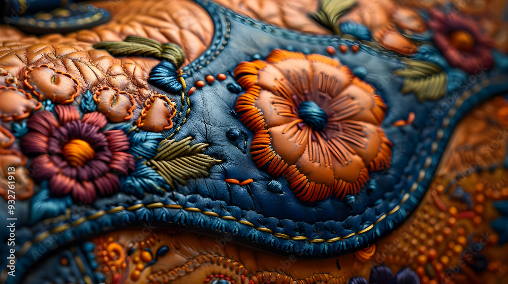 Leather Floral Embroidery - Close-Up Illustration Leather Floral Embroidery - Close-Up Illustration