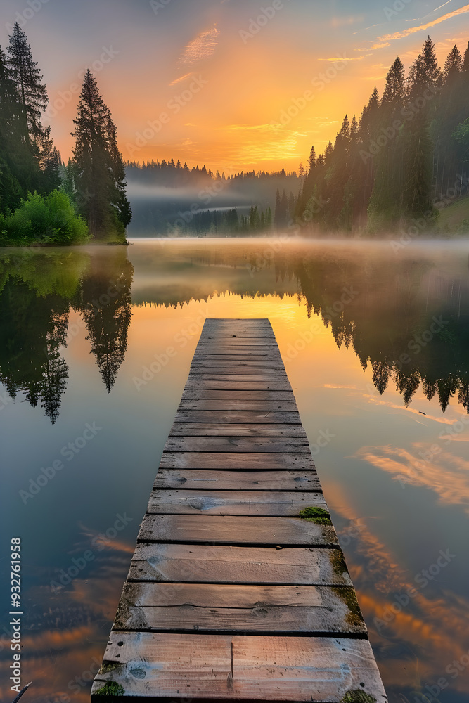 Golden Dawn over Tranquil Lake with Mist and Pine Forest Reflections