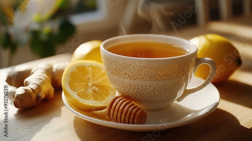 A cup of hot tea with ginger, lemon and honey. Add natural raw honey to a cup of hot tea.