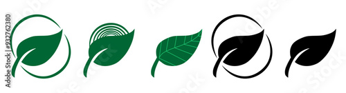 Green leaf and arrow icons for biodegradable recyclable organic bio package, vector labels. 
