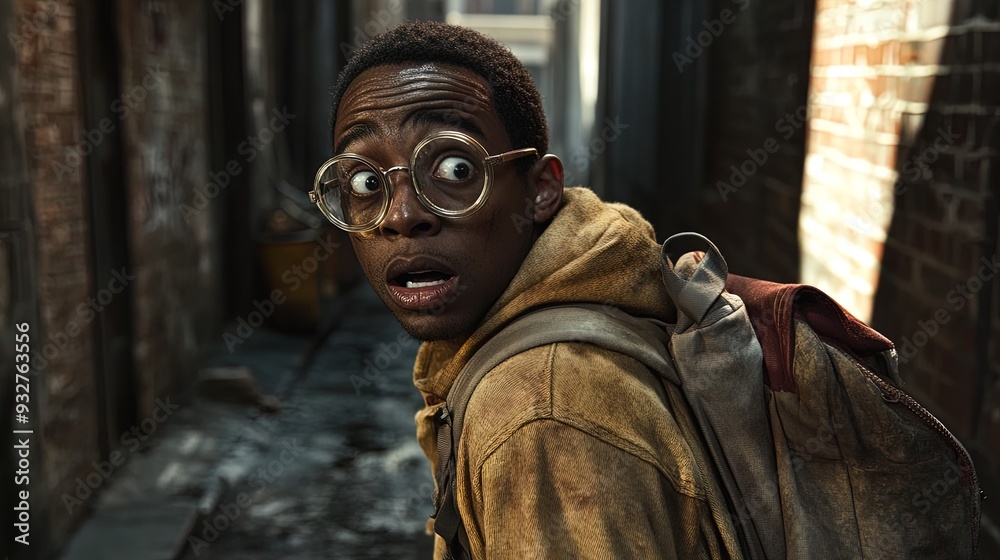 Fear in the Alley: A Nervous African American Man with Nerdy Glasses - Perfect for a Sports Interior Poster Capturing Urban Anxiety and Style! Fear in the Alley: A Nervous African American Man with Nerdy Glasses - Perfect for a Sports Interior Poster Capturing Urban Anxiety and Style!