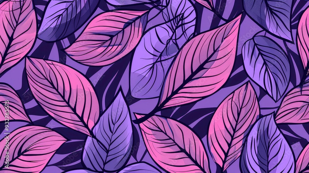 A seamless pattern of purple and pink leaves with a dark outline, creating a vibrant and abstract design. A seamless pattern of purple and pink leaves with a dark outline, creating a vibrant and abstract design.
