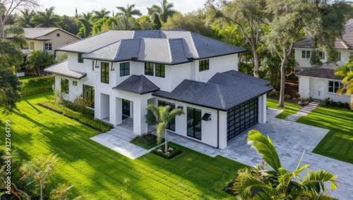 Modern White House with Black Windows and Gray Roof