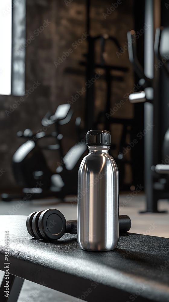 Stainless steel water bottle on a weight bench in a gym. Stainless steel water bottle on a weight bench in a gym.