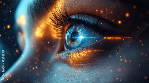 a quantum computing engineer's eye reflecting a quantum computer's interface, symbolizing the deep connection between human intellect and quantum technology.