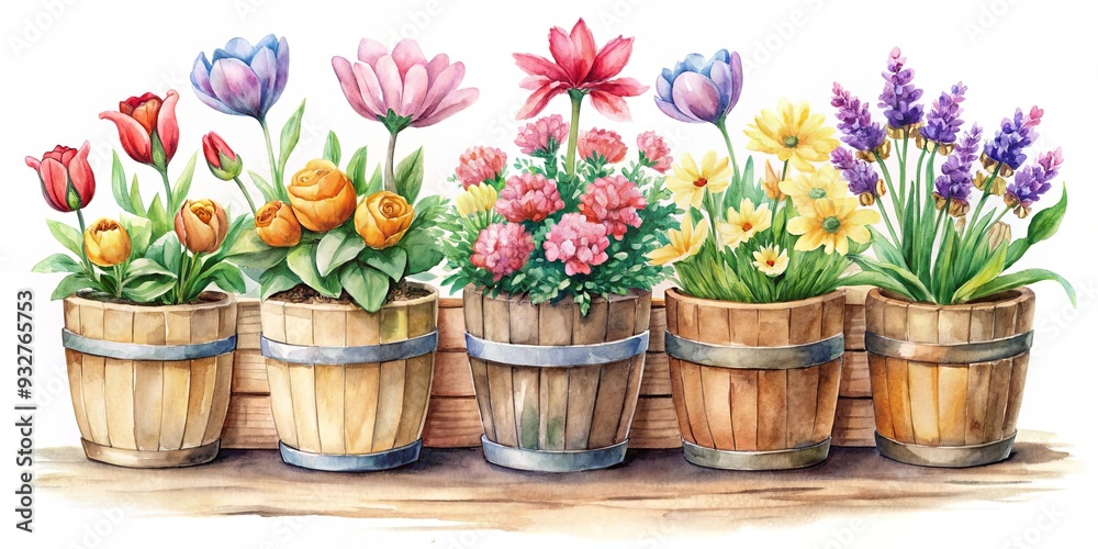 Fototapeta premium Watercolor s of flowers in wooden pots with a background