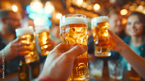 Oktoberfest, beer festival. Happy friends cheering beer glasses at brewery pub - Group of young people enjoying happy hour sitting at bar table. Life style concept. People toasting beer photo