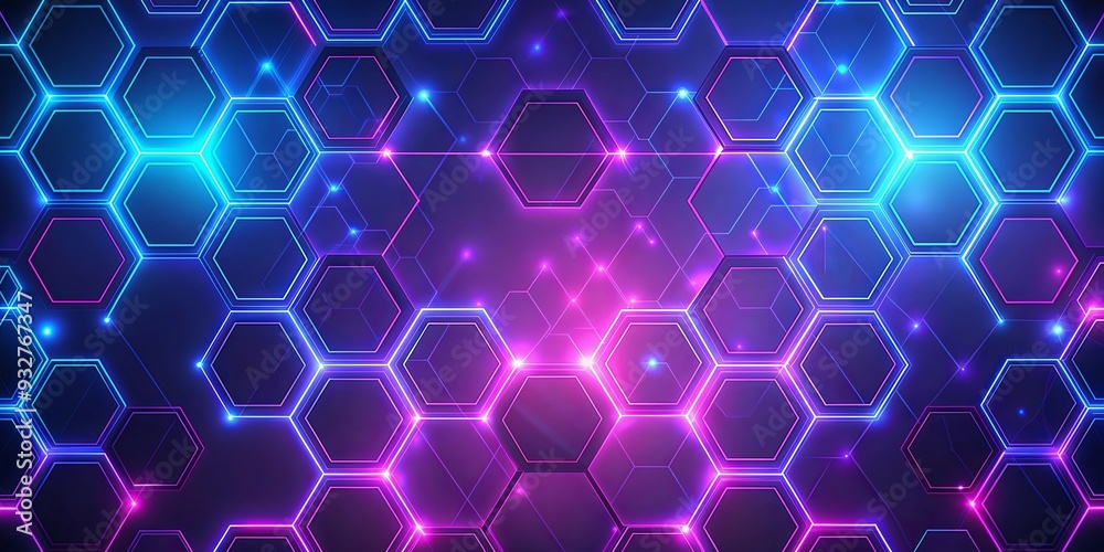 Fototapeta premium Abstract background with purple and blue glowing hexagons and lines