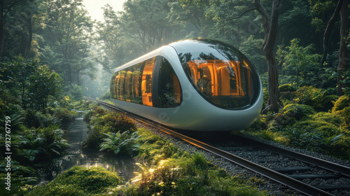 A futuristic electric train gliding through a green landscape with minimal impact on the environment.