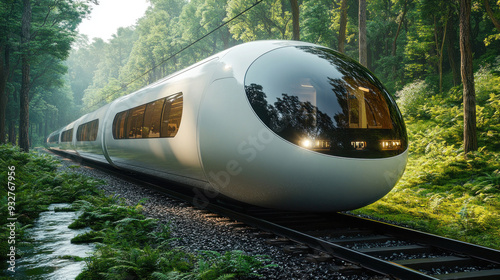 A futuristic electric train gliding through a green landscape with minimal impact on the environment.