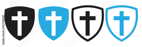 Shield with cross icon vector set. Christian cross and shield of faith. Vector illustration. 