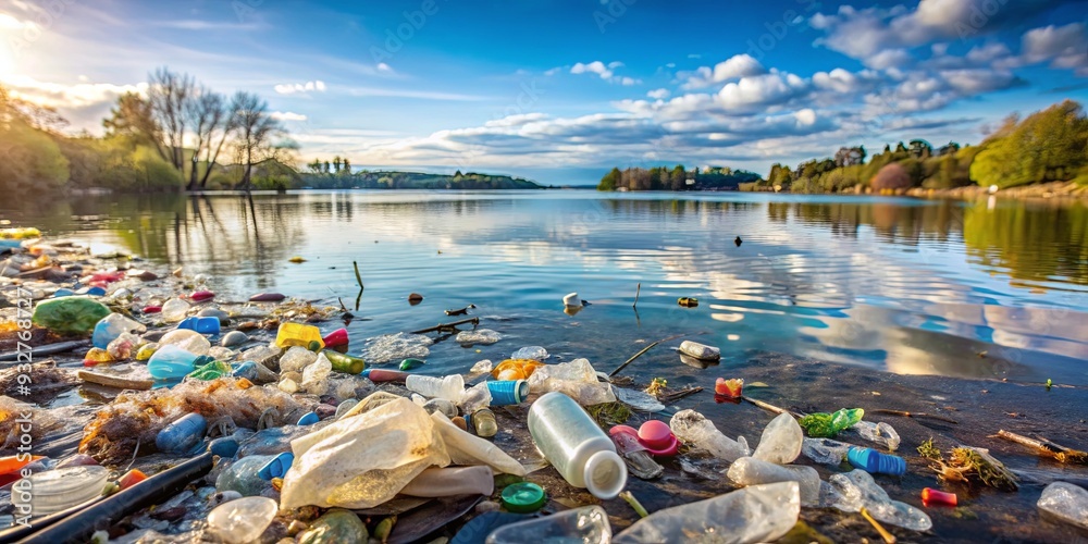 A stock photo showing plastic waste polluting a lake, demonstrating the