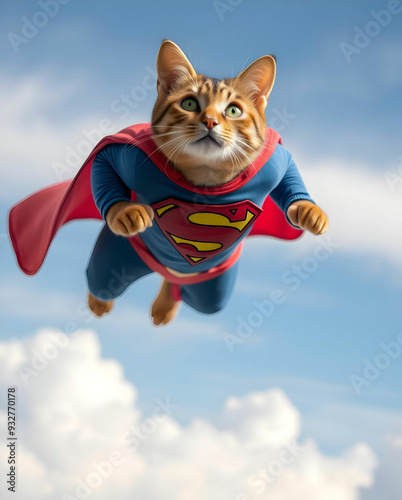 a cat fly in sky wearing superman suit