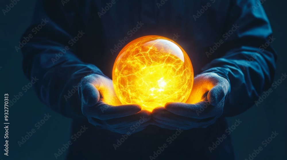 Fototapeta premium Harnessing the Power of Electricity Safely - Hands in Protective Gloves Holding Glowing Energy Orb for Safety Concept