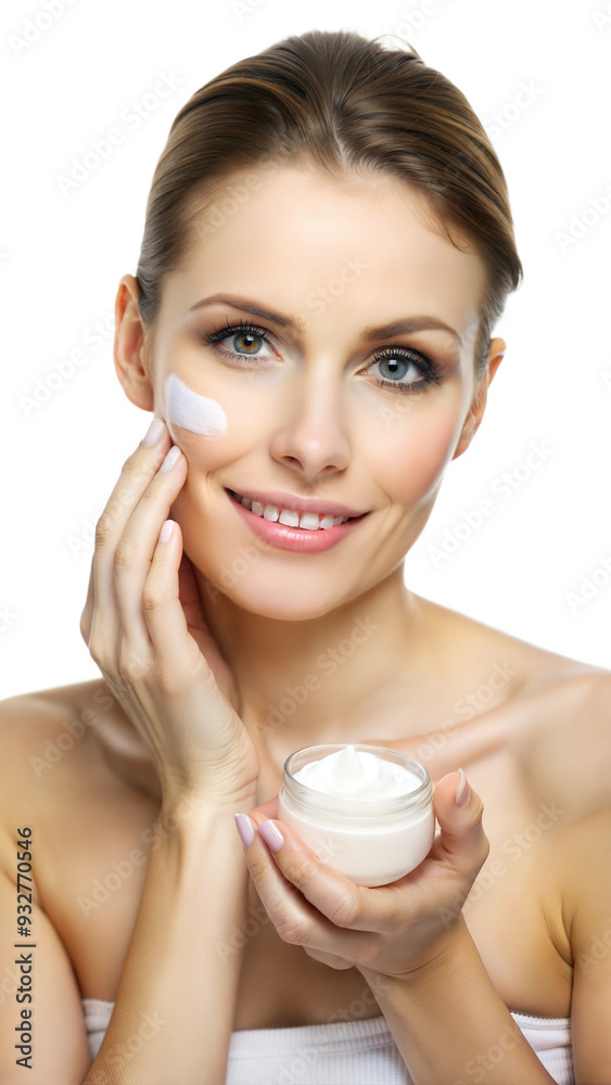 Blonde woman smiling while holding a skincare cream jar, promoting beauty care Blonde woman smiling while holding a skincare cream jar, promoting beauty care