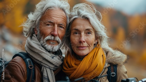 active senior couple with electrobikes standing outdoors onroad in nature