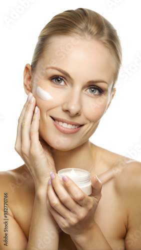 Woman gently touching her face, showcasing a natural beauty and smooth skin