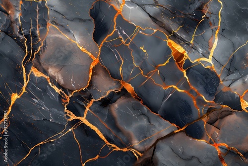 Abstract marble texture with golden lines, dark grey and orange colors