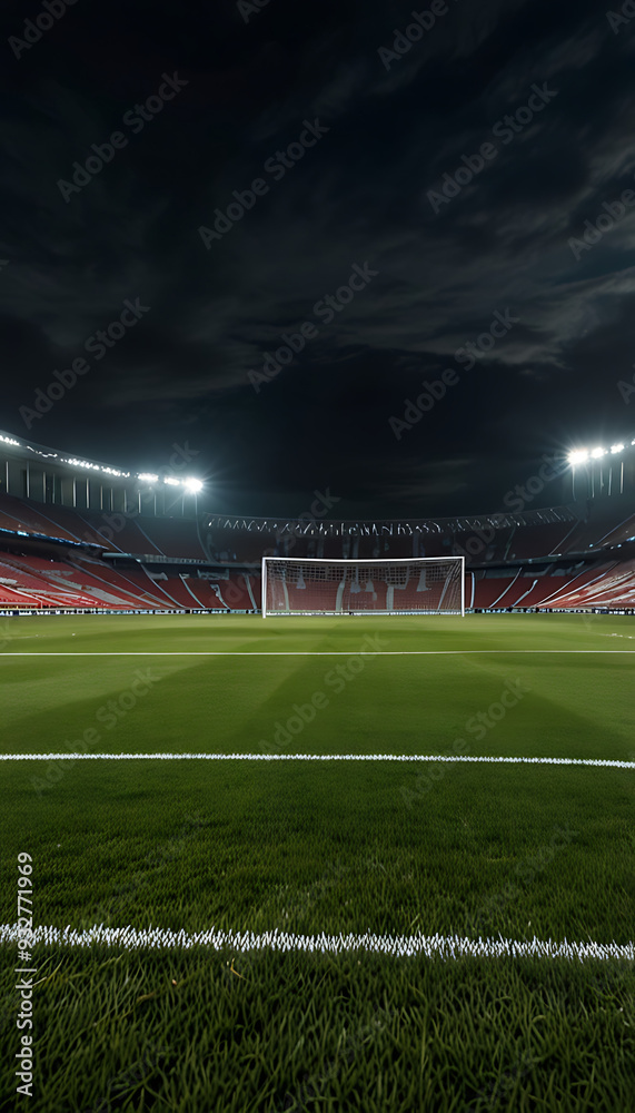 Fototapeta premium A Wide Perspective Spectacular sport Football stadium with glowing floodlights and empty green grass field and pitch. Football sports background for advertisement with copy space 