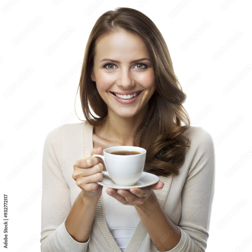 Woman smiling while holding a white cup, enjoying a warm beverage Woman smiling while holding a white cup, enjoying a warm beverage