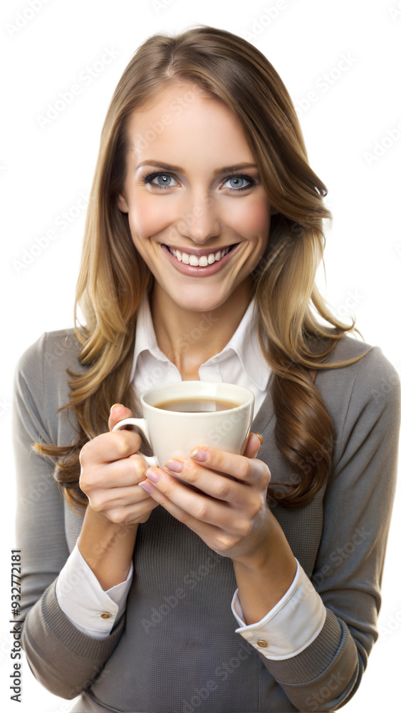 Smiling woman holding a white cup, enjoying a warm beverage Smiling woman holding a white cup, enjoying a warm beverage