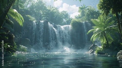 A secluded waterfall hidden deep in a lush rainforest, with misty air and vibrant flora, transporting viewers to a world of untouched natural beauty photo