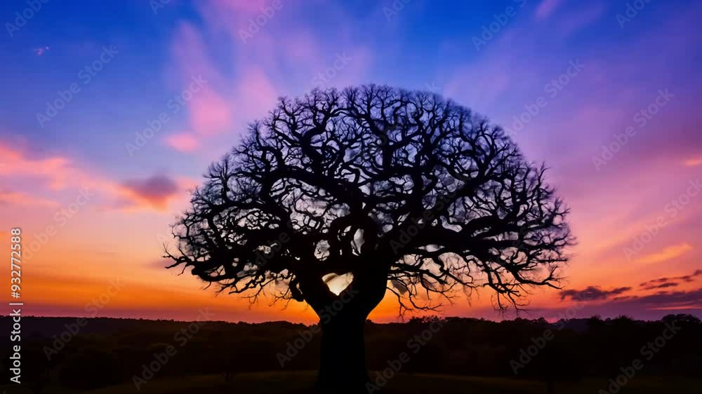 Silhouetted tree at sunset with vibrant colors and unique branch structure in a serene landscape Silhouetted tree at sunset with vibrant colors and unique branch structure in a serene landscape