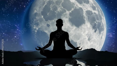 Meditating under a full moon at a serene mountain location photo