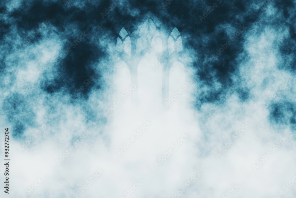 Naklejka premium Enigmatic Gothic Doorway Shrouded in Mist: A Haunting Visual Experience