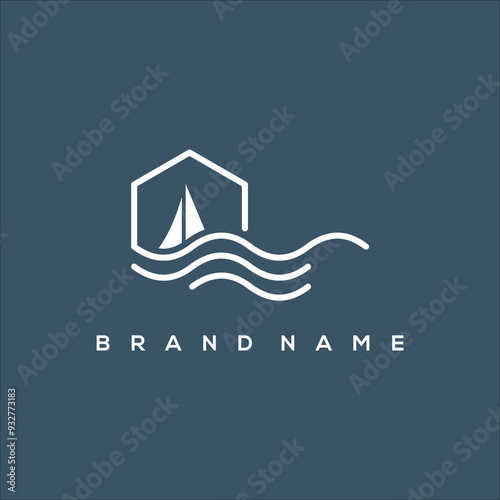 line art sea house and boat logo vector