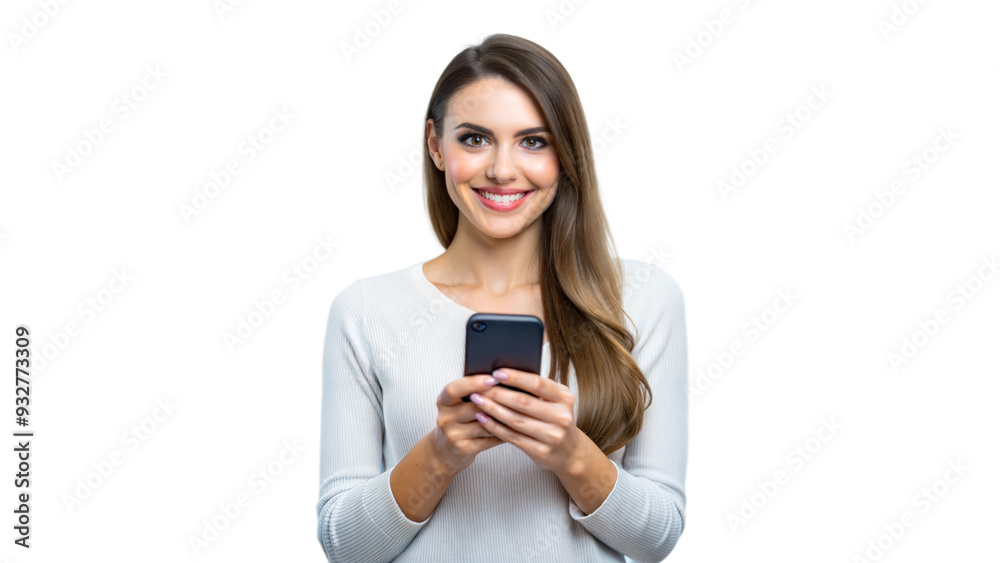 Woman smiling while holding a smartphone, enjoying technology