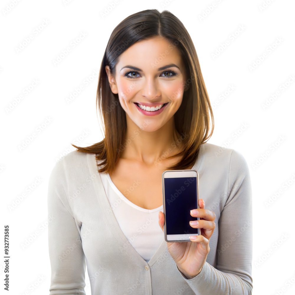 Smiling woman using a smartphone, engaged in technology Smiling woman using a smartphone, engaged in technology