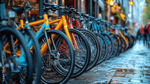 A row of eco-friendly shared bikes available for rent in a bustling urban area.