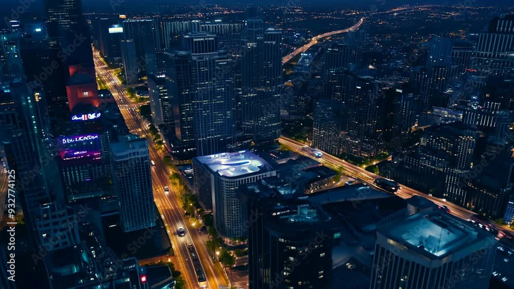 Night skyline view of a bustling city with illuminated roads and buildings Night skyline view of a bustling city with illuminated roads and buildings