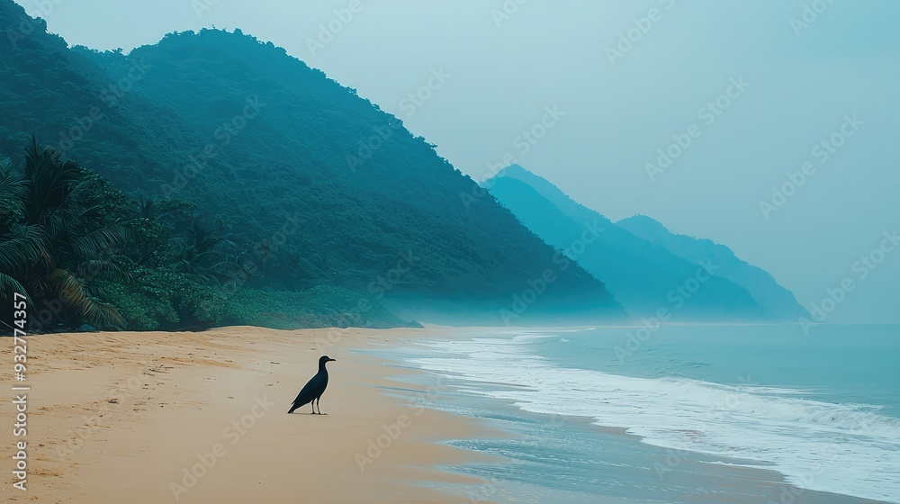 Lone bird on misty tropical beach with mountains Lone bird on misty tropical beach with mountains