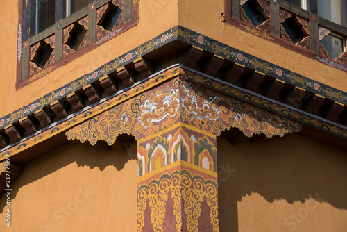 Bhutan, Thimphu, capital of Bhutan. Detail of typical Bhutanese style architecture. photo