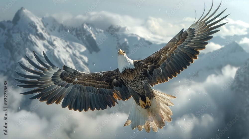 Obraz premium Majestic bald eagle soaring through misty mountains