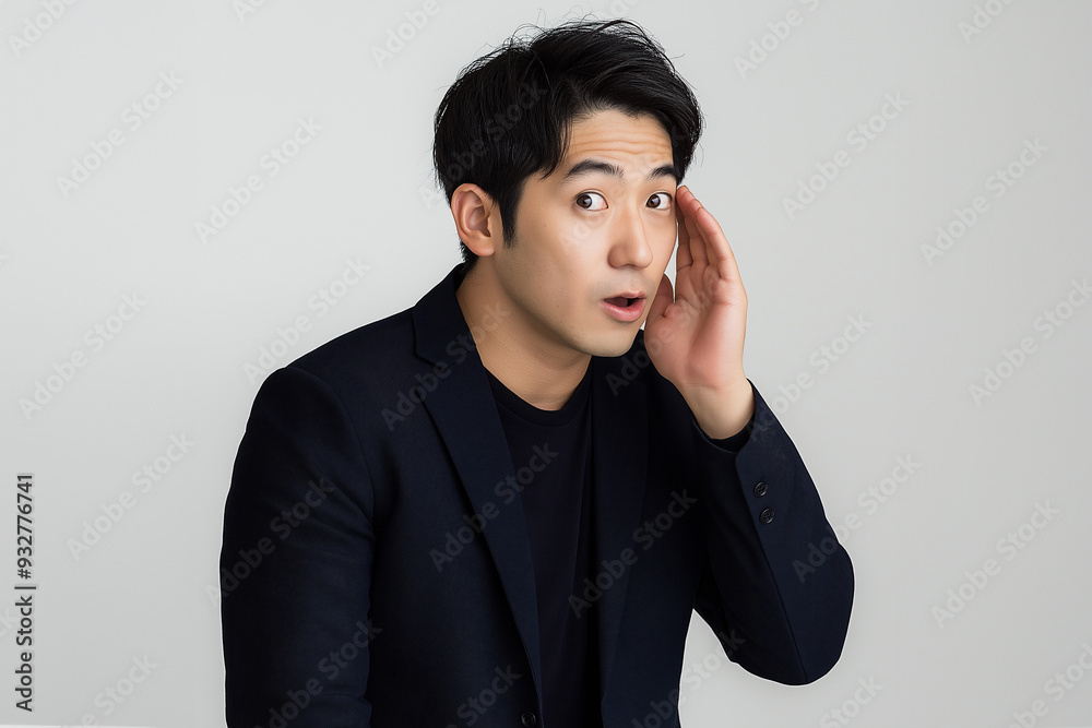 ひそひそ話。耳打ちのポーズをとる30代のアジア人男性。白い背景。紺色のスーツ。
