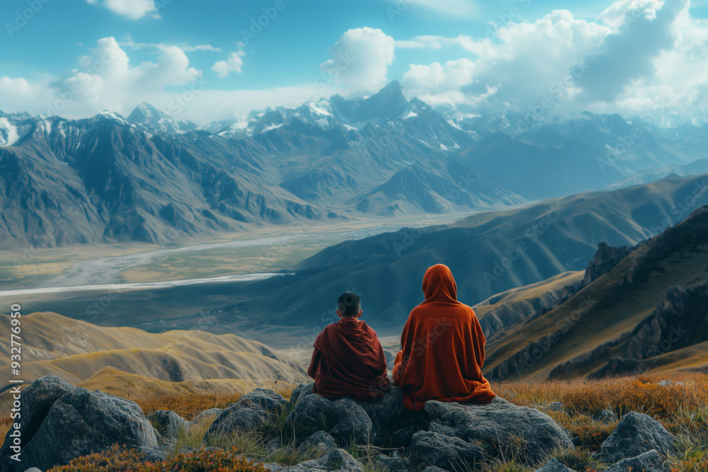 Monks Meditating in Majestic Mountain Landscape with Stunning Views Monks Meditating in Majestic Mountain Landscape with Stunning Views
