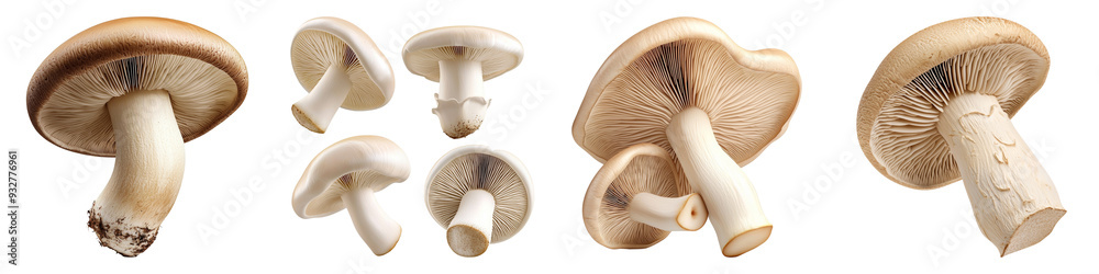 Variety of fresh mushrooms displayed from different angles. Perfect for culinary, health, and nature themes Variety of fresh mushrooms displayed from different angles. Perfect for culinary, health, and nature themes