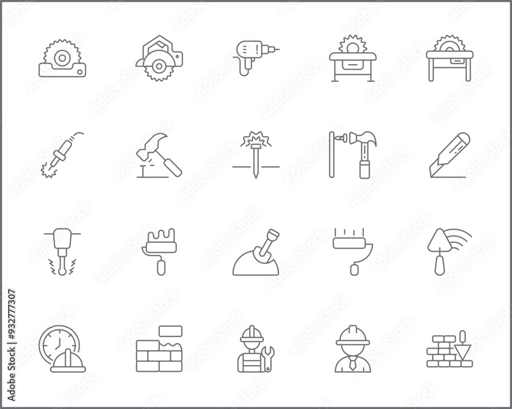 Set of Labor Day and industry Icons line style. Contains such Icons as engineer, architect, service, job, worker, factory, builder, labour, employee, helmet And Other Elements.