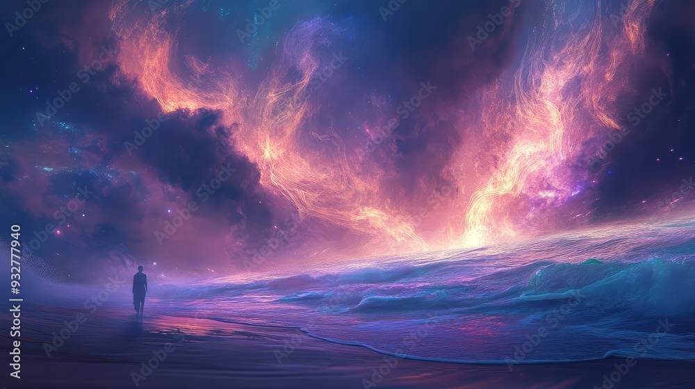 Fototapeta premium Digital illustration of spectral imprints with luminous trails and soft, radiant colors suggesting an otherworldly presence.