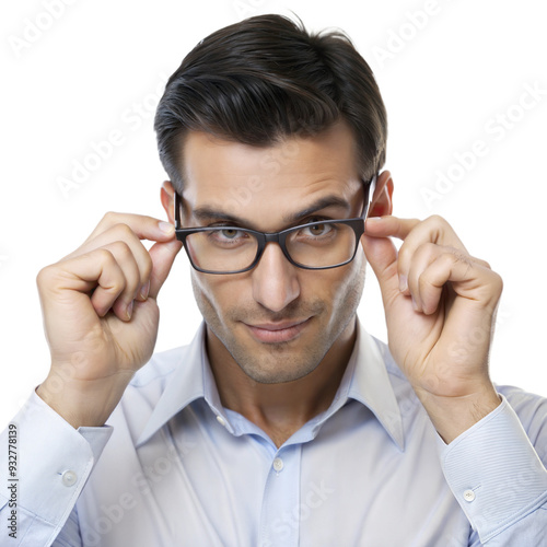 Young man adjusting glasses with a focused expression, isolated