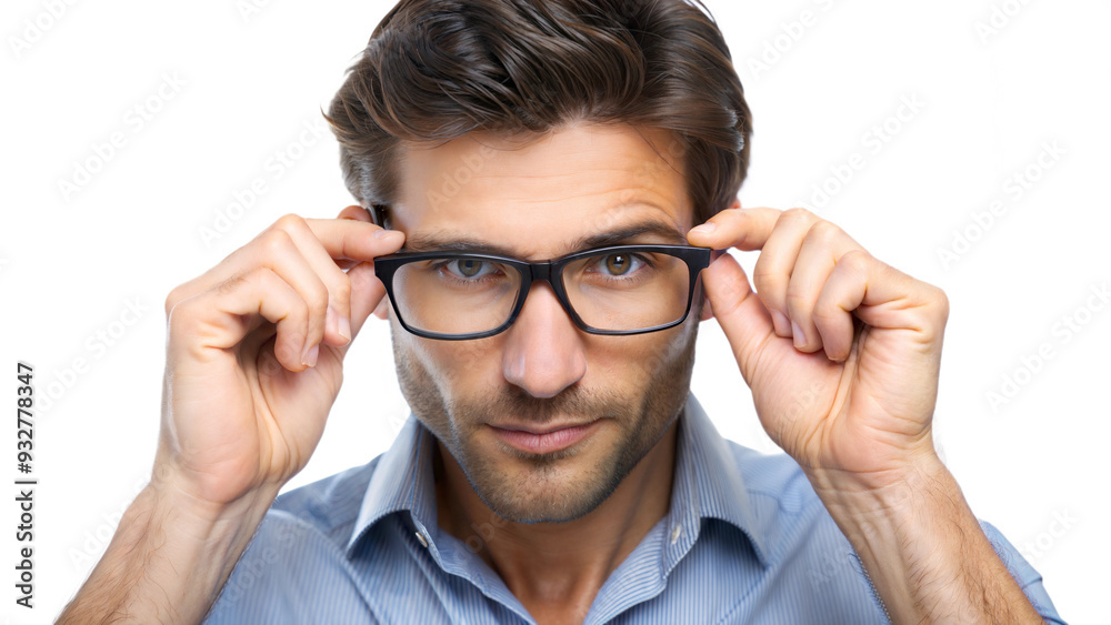 Businessman adjusting glasses, looking focused and thoughtful Businessman adjusting glasses, looking focused and thoughtful