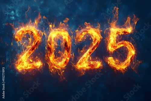 Flames forming year 2025 against a deep, dark blue background