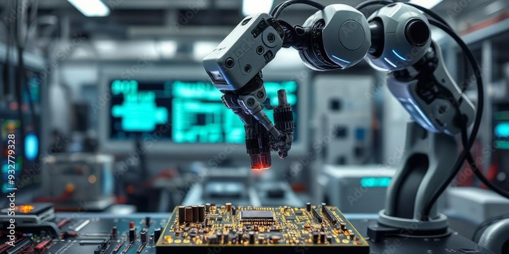 Robotic Arm Assembling Circuit Board in High-Tech Lab Robotic Arm Assembling Circuit Board in High-Tech Lab