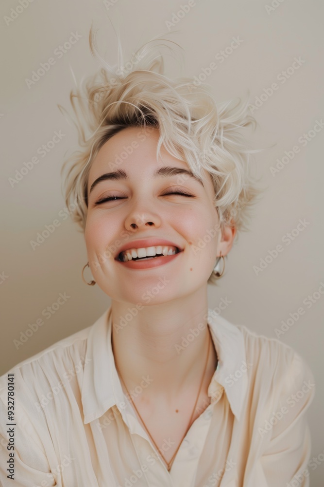Smiling young woman with short blonde hair in a light shirt against a neutral background. Smiling young woman with short blonde hair in a light shirt against a neutral background.