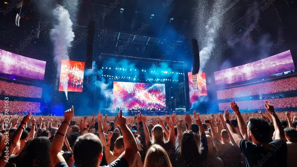 a live music event in a large stadium, with a massive stage illuminated by dynamic lights,